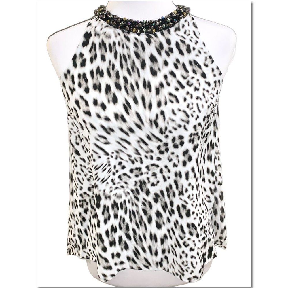 Jennifer Lopez Leopard Print Beaded Choker Neckline Sleeveless Top Size XS EUC